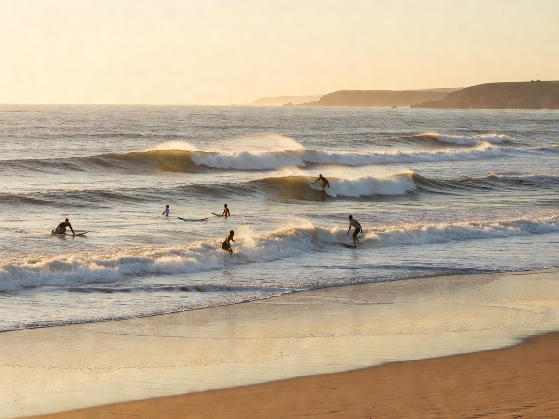Wide view of waves and surfers at Fistral Beach in Newquay