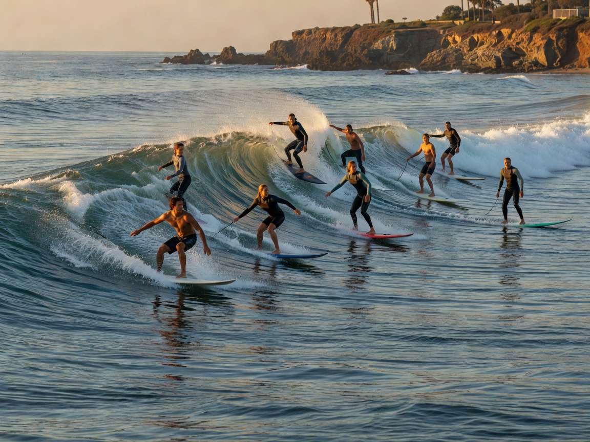 Several surfers sharing a wave at Malibu point break