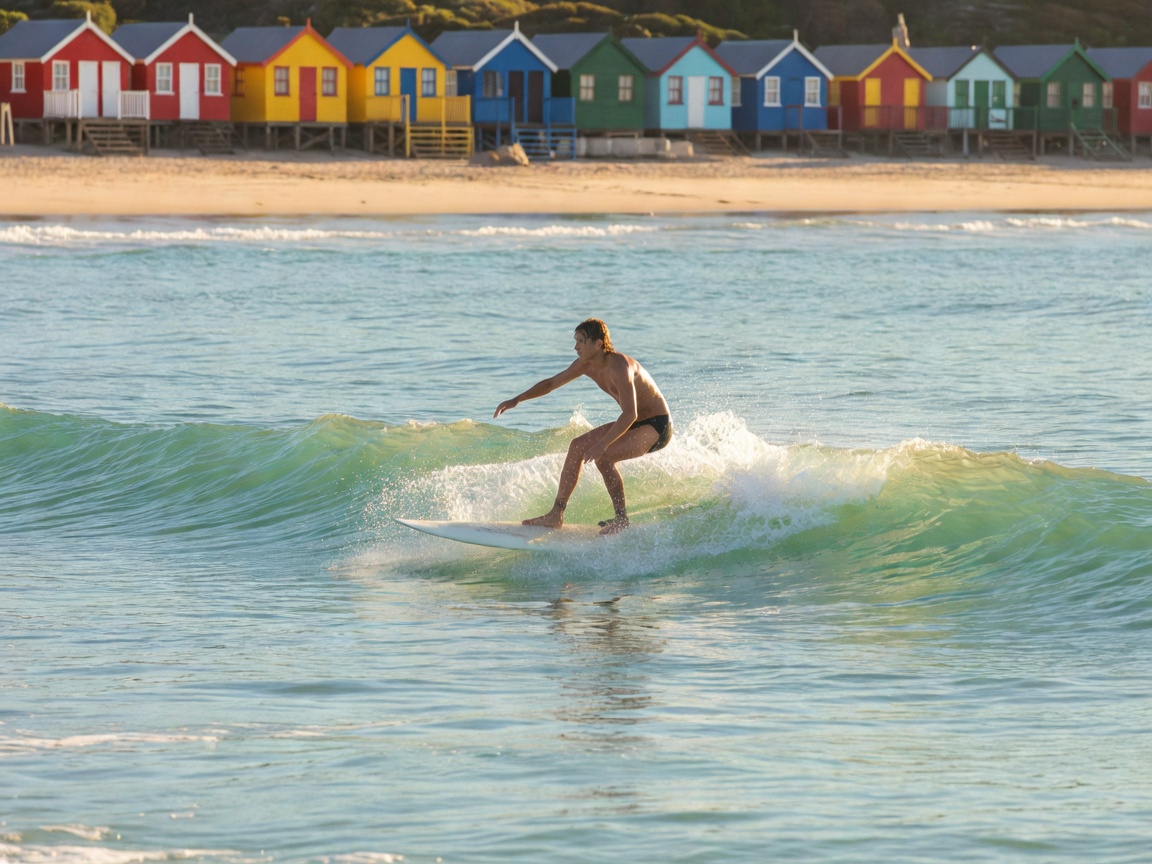 Surfer catching a small wave at Muizenberg Beach