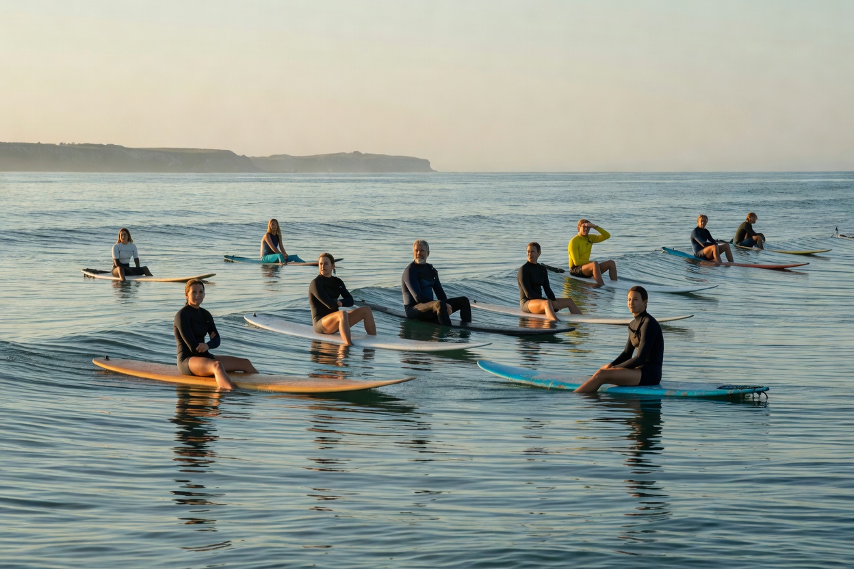 Surfers sitting apart and waiting for waves in a shared lineup