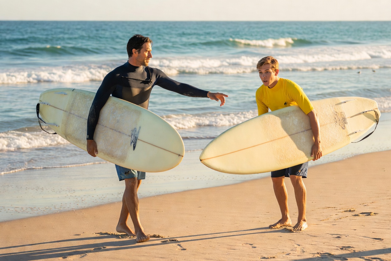 Surf instructor showing a beginner how to carry a board on a beach