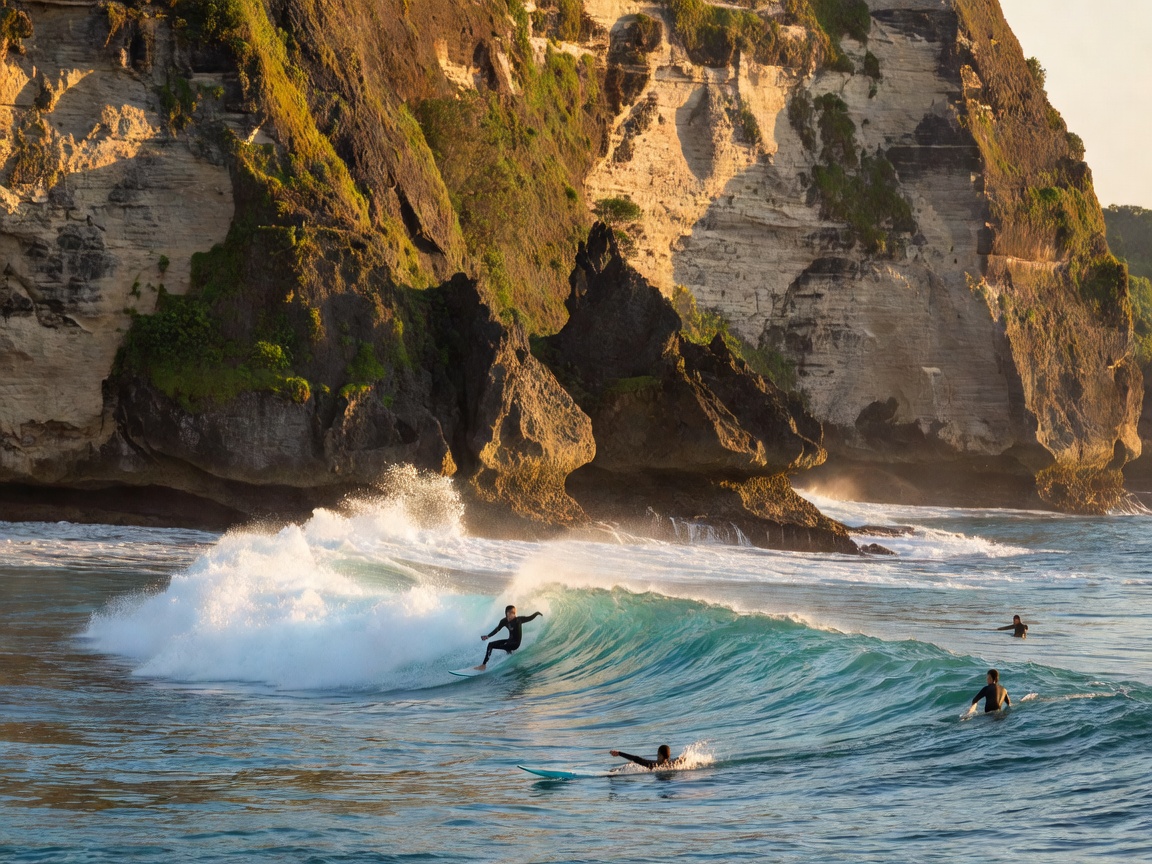 Surfers below limestone cliffs at Uluwatu in Bali