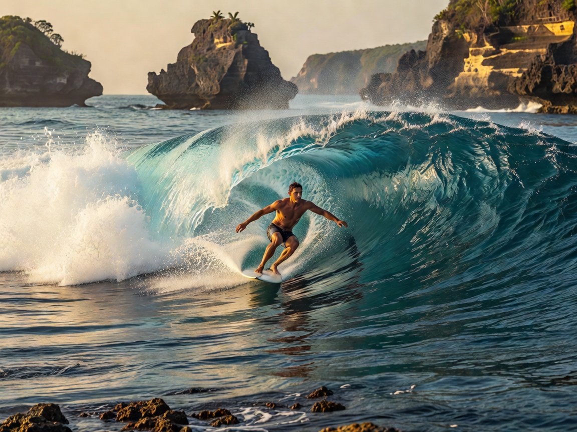 Surfer riding a reef wave at Uluwatu in Bali