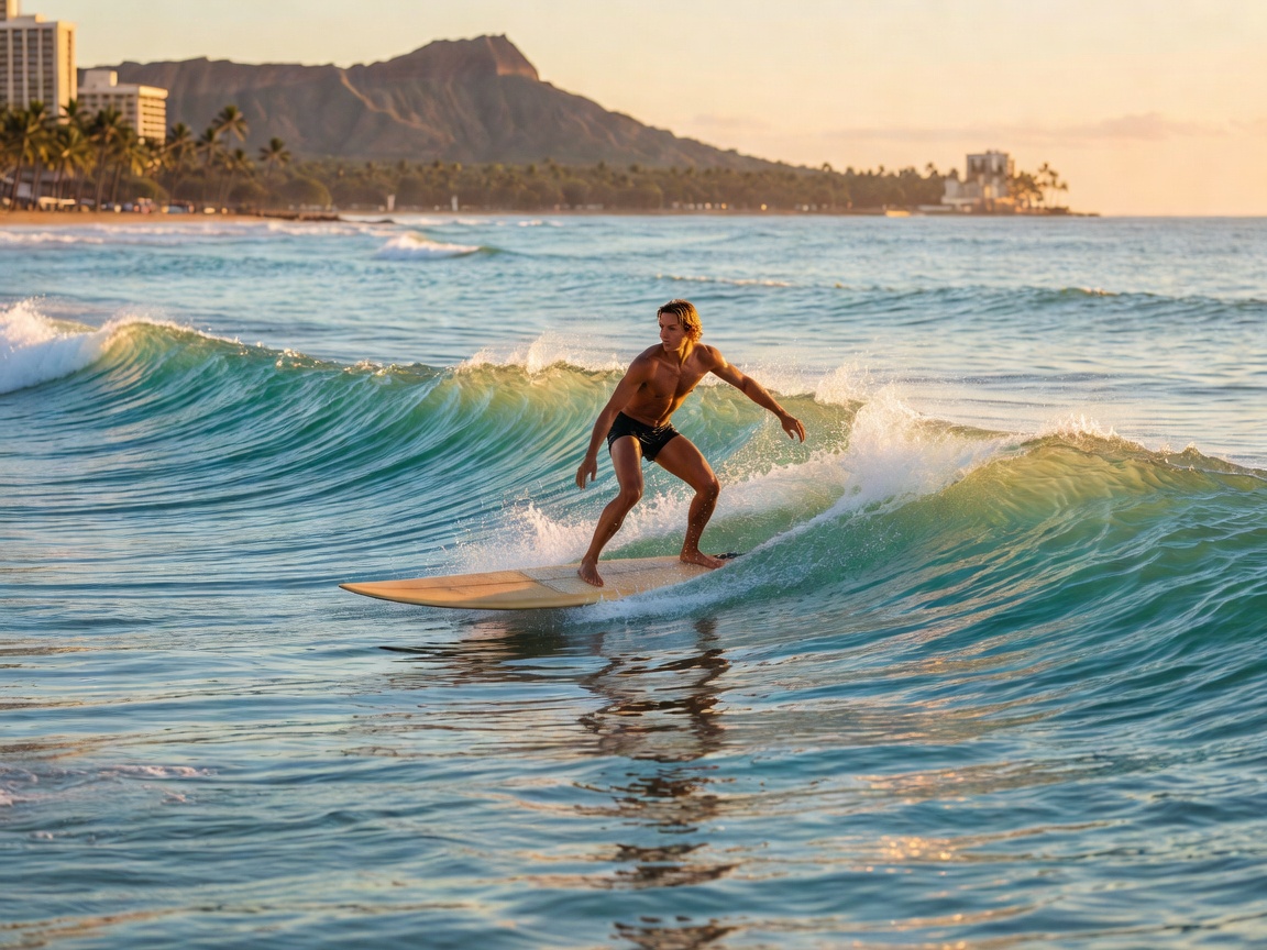 Longboard surfer gliding on a wave at Waikiki